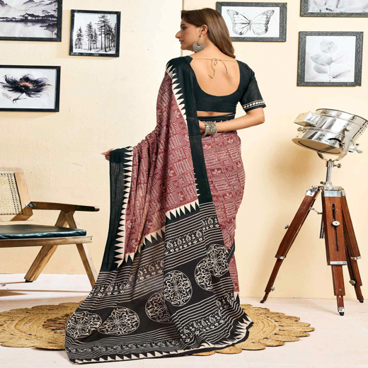 Ready To Wear Brown Cotton Printed Saree - Image 4