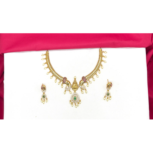 Matte finishing American Diamonds with Elephant finish Lord Lakshmi Short Kanti Necklace