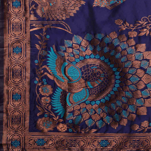 Navy Blue Silk Woven Banarasi Saree - Image 3