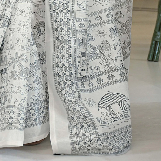 Off White Khadi Warli Printed Saree - Image 3
