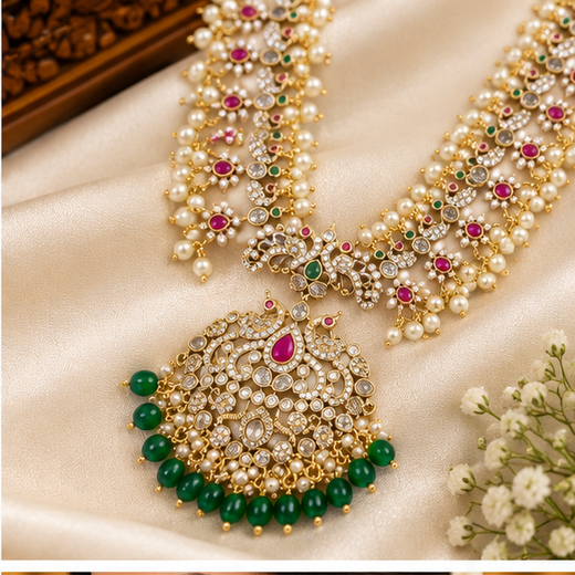Matte finishing White pearls with Green & pink stones peacock designe finish pendent Long Haram Necklace - Image 2