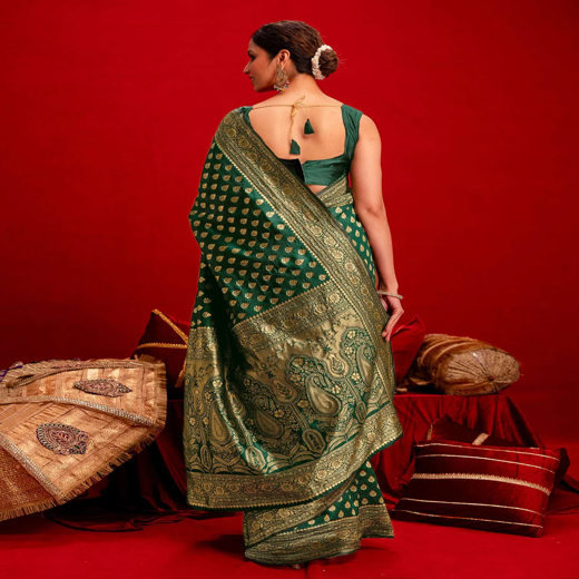 Dark Green Silk Woven Banarasi Saree - Image 3