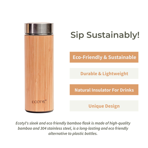 Ecotyl Bamboo Stainless Steel Insulated Flask With Strainer - 450 ml - Image 2