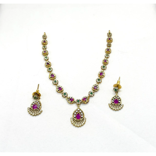 Gold finishing Pink Stones Short Necklace