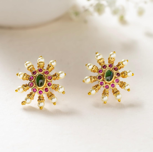 Matte Finishing Flower Design With Pink Stones Handcrafted Stud