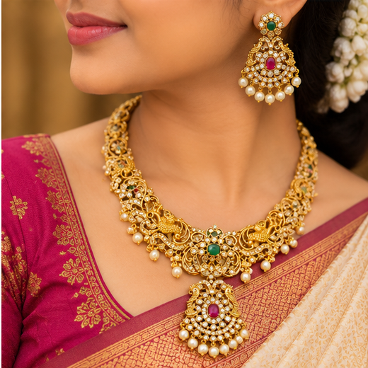 Peacock Design Matte Gold Haram Necklace Set with Earrings - Image 4