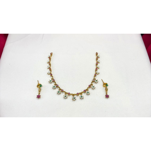 Gold-plated floral pink rubies emeralds short Necklace