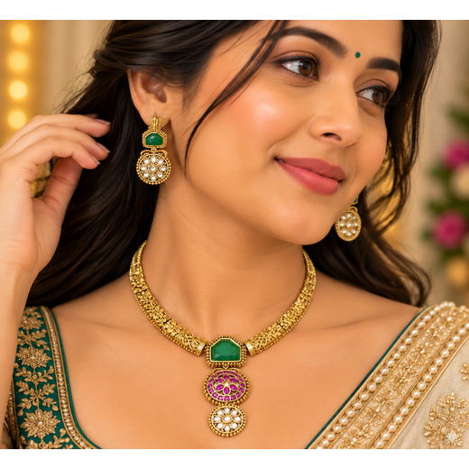 Gold-plated Green kempu Stone Short Kanti - Image 4