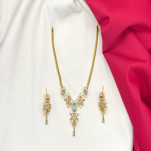 American Diamond Zirconia Mint-Green Studded Floral Short Necklace