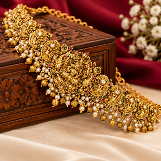 Matte Finishing Lord Lakshmi Peacock And Pearls Chain Vaddanam - Image 3