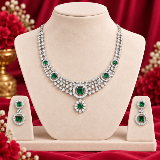 Silver Polish White & Green AD Studded Short Necklace - Image 3