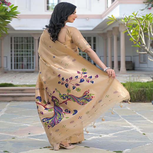 Beige Cotton Woven Paithani Saree - Image 4