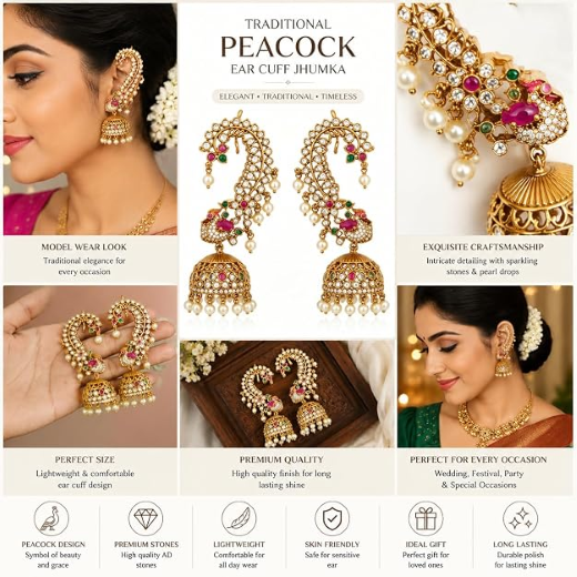 Glamorous Peacock Mango Floral Cuff Jhumka Earrings - Image 3