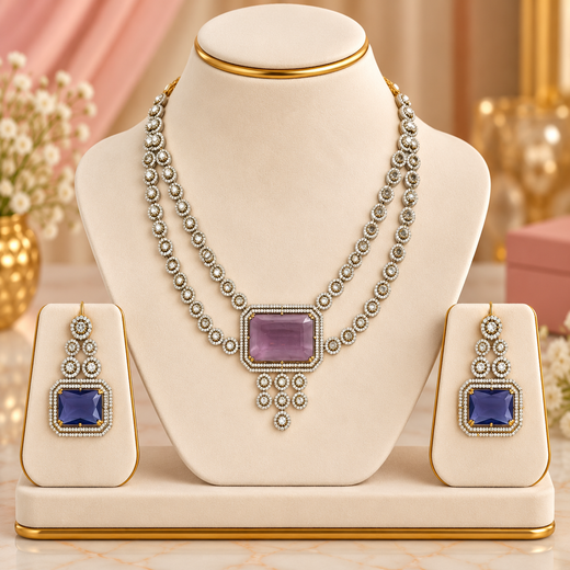 Victorian finishing emerald purple stones and intricate American Diamond Necklace