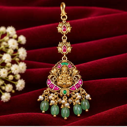 Jadau Kundan Finishing Lord Lakshmi With Green Beads Maang Tikka