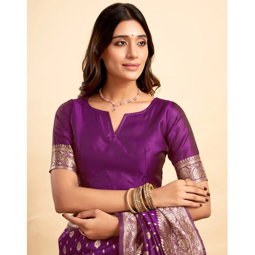 Dark Purple Silk Woven Banarasi Saree - Image 2