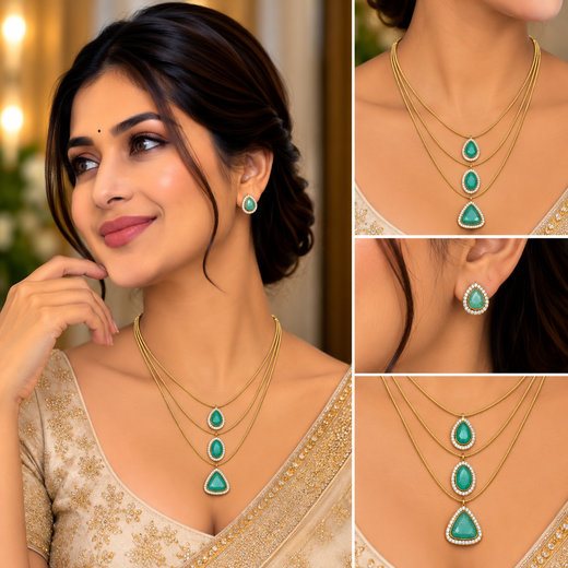 Premium Three layered AD Stones With Mint-green stone Necklace - Image 4