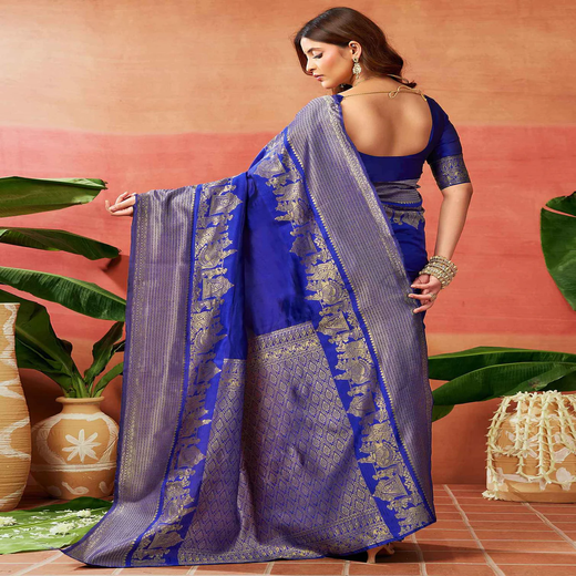 Blue Silk Woven Kanjivaram Saree - Image 4