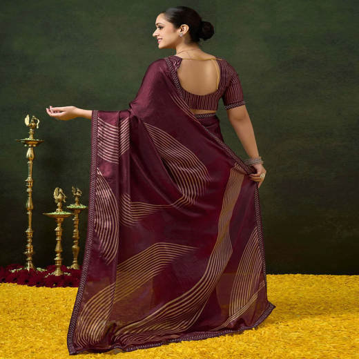 Wine Organza Printed Swarovski Saree - Image 4