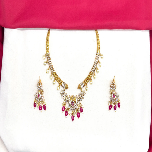Matte finishing American Diamonds with peacock design with Pink Beads Kanti - Image 2