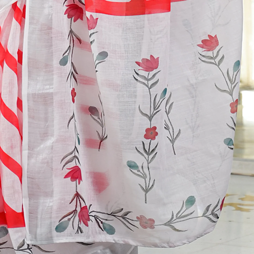 White Linen Printed Saree - Image 3