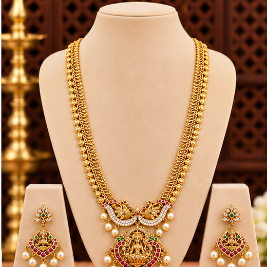 Matte finish lakshmi devi with pearls lomg haram
