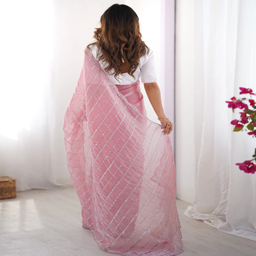 Pink Shimmer Sequence Embroidery Saree - Image 4