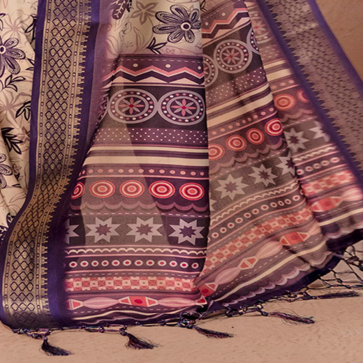 Dark Beige Silk Printed Woven Border Saree - Image 3