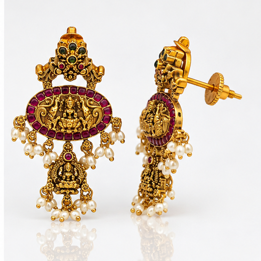 Nakshi Finishing Kempu Stones With Lord Lakshmi Rce Pearl’s Earring - Image 4