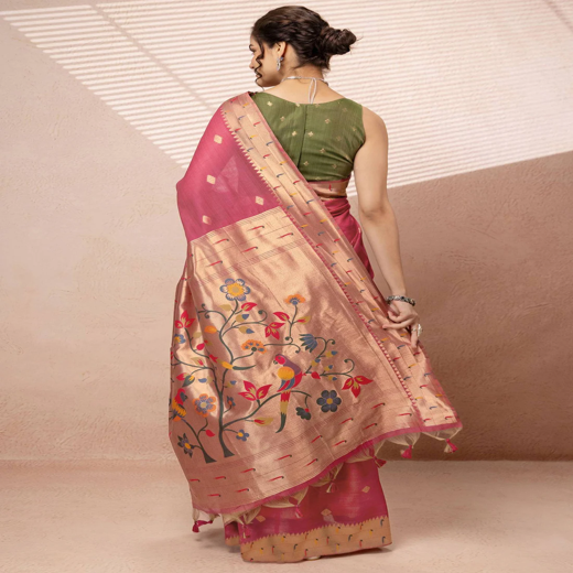 Dark Rose Pink Chanderi Cotton Woven Paithani Saree - Image 4