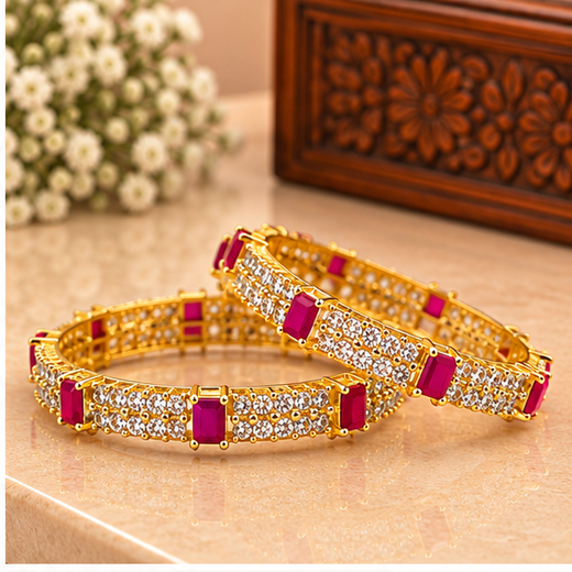 CZ American Diamond Emerald-Cut Pink Stones Bangle - Image 2