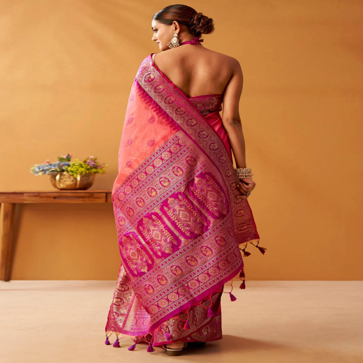 Coral Pink Silk Woven Kanjivaram Saree - Image 4