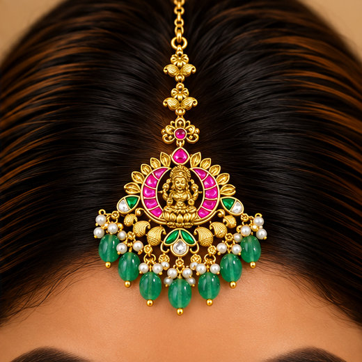 Jadau Kundan Finishing Lord Lakshmi Design Green Beads Maang Tikka - Image 4