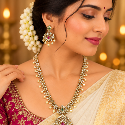 Matte finishing American Diamonds with ovals shape Long Haram Necklace - Image 2