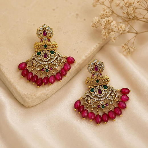 Gold-finisg Gaja Lakshmi antique red bead drop earring - Image 2