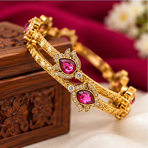 Victorian Finishing Red Stone Flower Designed Bangle - Image 3