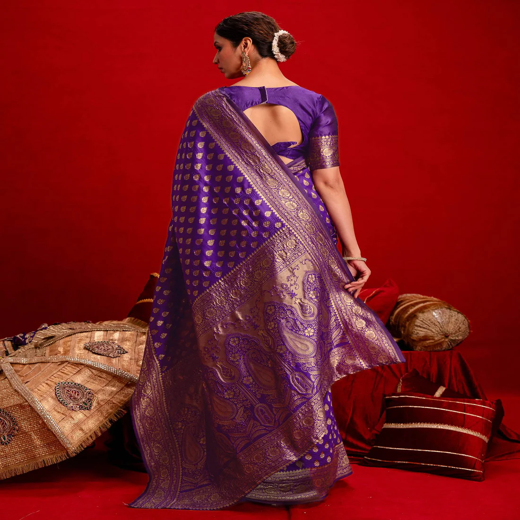 Violet Silk Woven Banarasi Saree - Image 3