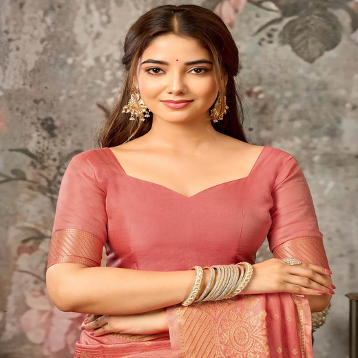 Dark Coral Pink Silk Woven Banarasi Saree - Image 2