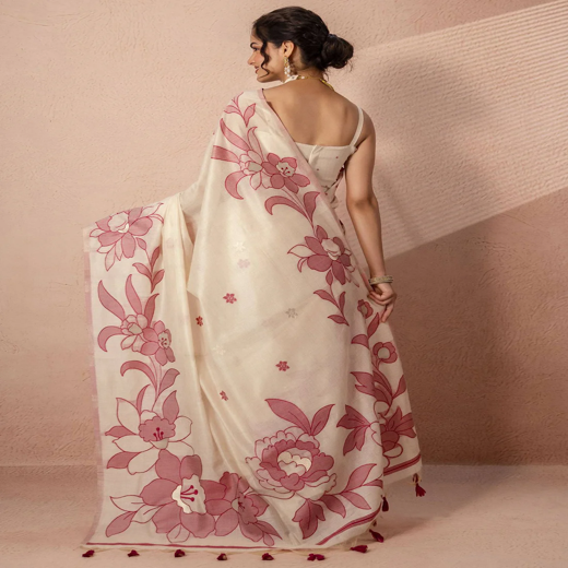 Beige Chanderi Cotton Woven Saree - Image 4