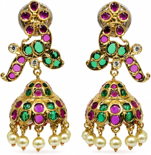 Matte finishing peacock-inspired pink Gemstones and pearl drops Jhumka’s - Image 3