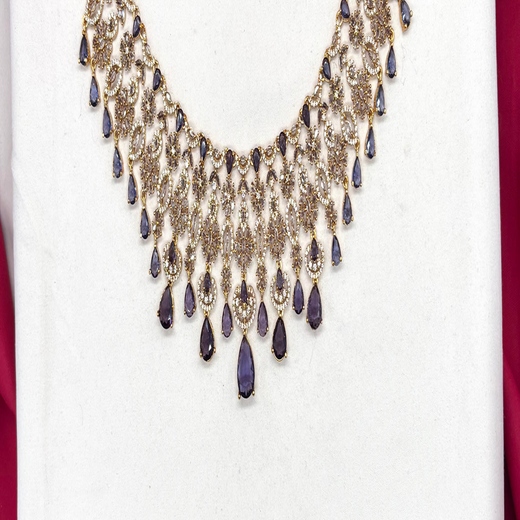 Premium matte finish American Diamonds flower design with Purple Stones Short Necklace - Image 2