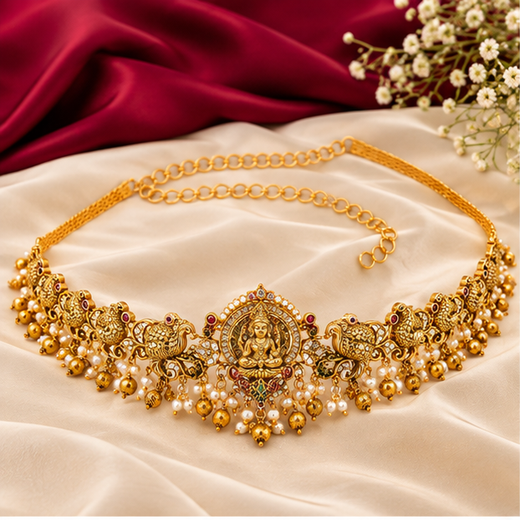Matte Finishing Lord Lakshmi With AD Stones Peacock Design Chain Vaddanam