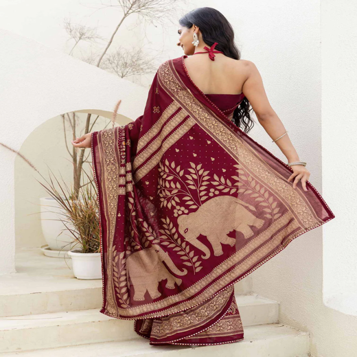 Maroon Silk Foil Printed Saree - Image 4