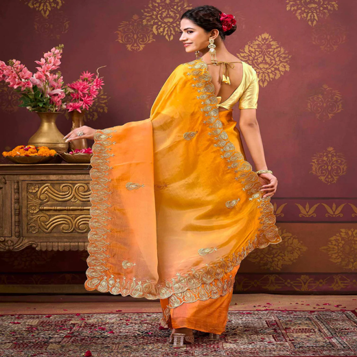 Yellow Tissue Silk Sequence Embroidery Saree - Image 4