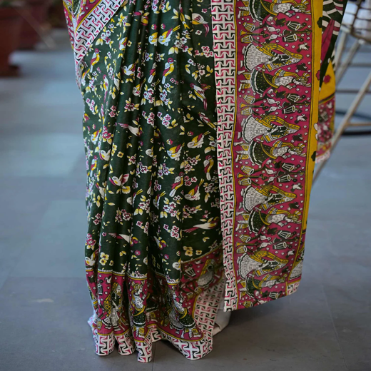 Dark Green Cotton Printed Saree - Image 3