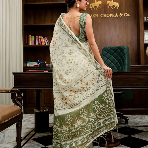 Cream Linen Printed Saree - Image 4