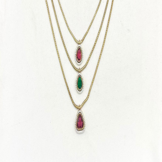 Premium Three layered AD Stones With Green,red White stone Necklace - Image 2