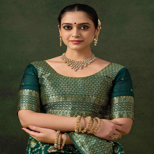Sea Green Silk Woven Banarasi Saree - Image 2
