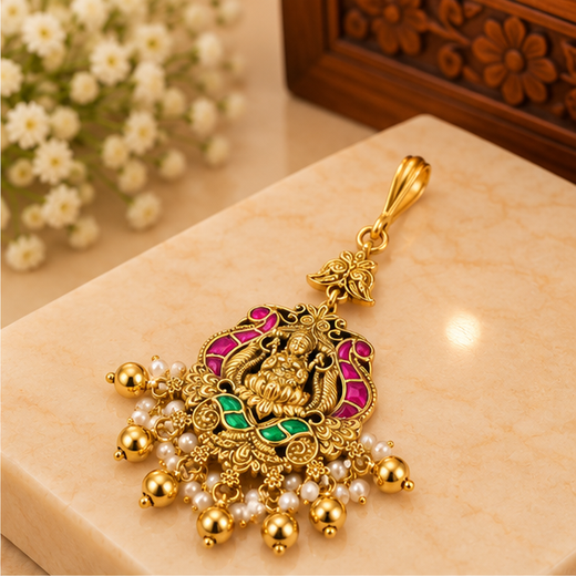 Matte Finishing Lord Design Golden Balls Maang Tikka - Image 2
