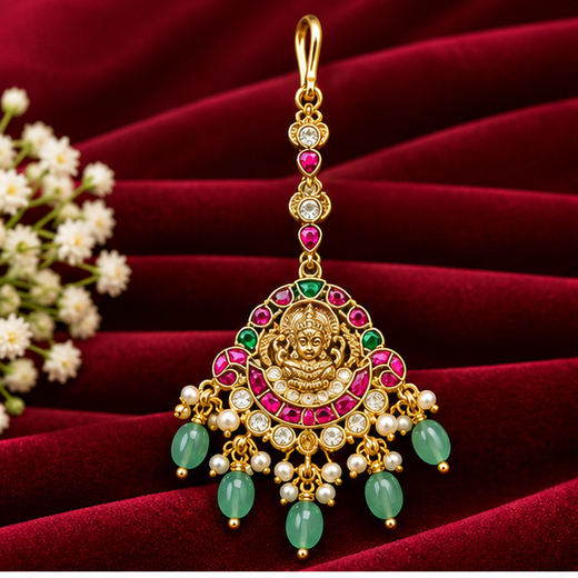 Jadau Kundan Finishing With Pink Stones Lord Lakshmi Maang Tikk